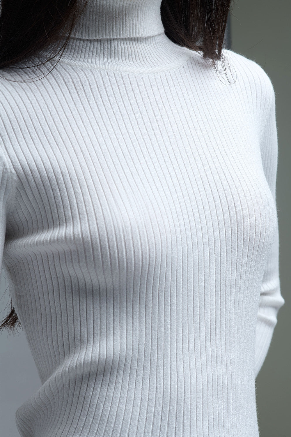 Rolled Turtle Neck Ribbed Sweater in White