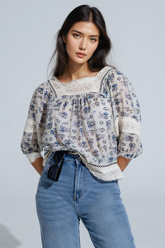 Q2 romantic blouse with flowers and lace detail
