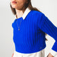 Q2 Round neck cable knit crop jumper in blue