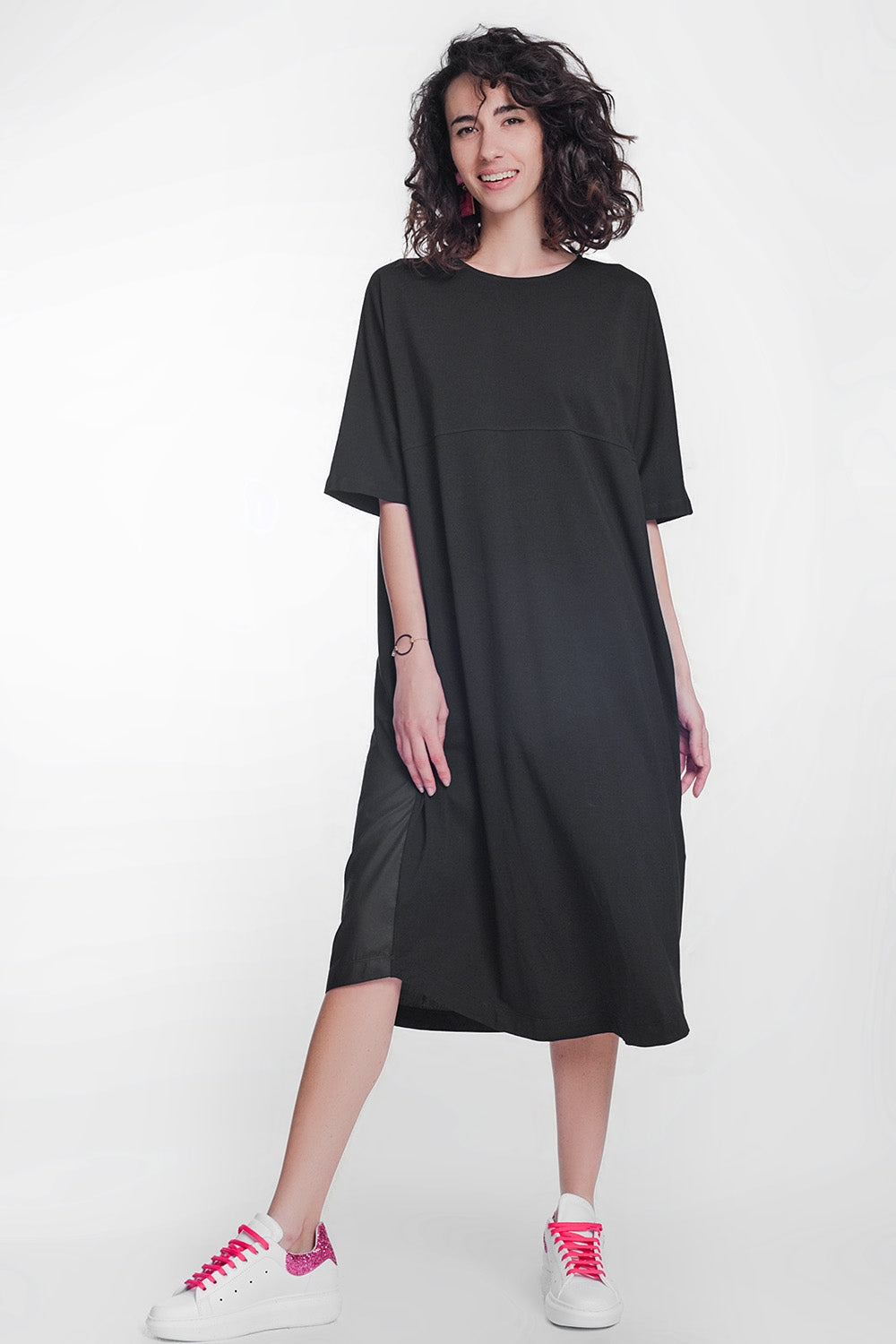 Q2 round neck poplin t-shirt dress in black