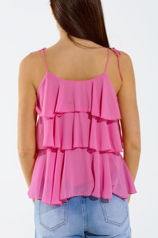 Ruffle Top WIth Thin straps in Fuchsia