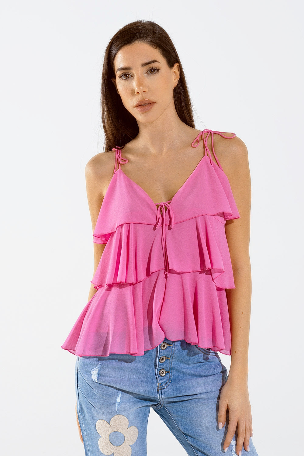 Q2 Ruffle Top WIth Thin straps in Fuchsia