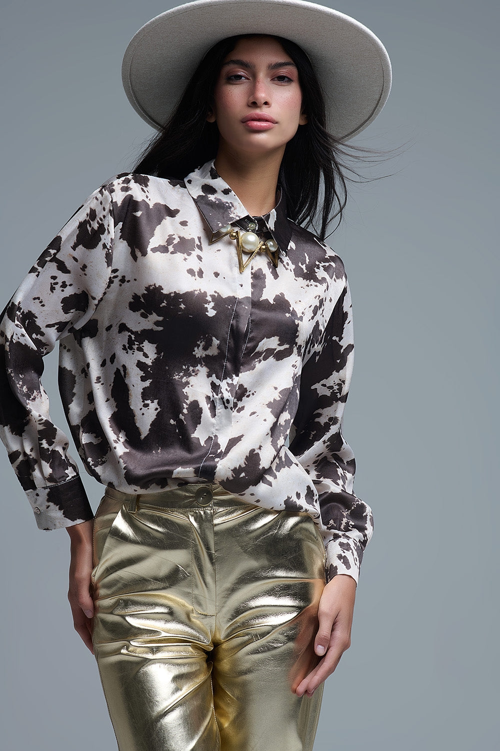 Q2 Satin Brown and Cream Cow Print Relaxed Shirt