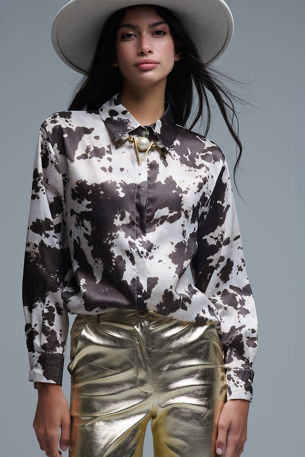 Satin Brown and Cream Cow Print Relaxed Shirt