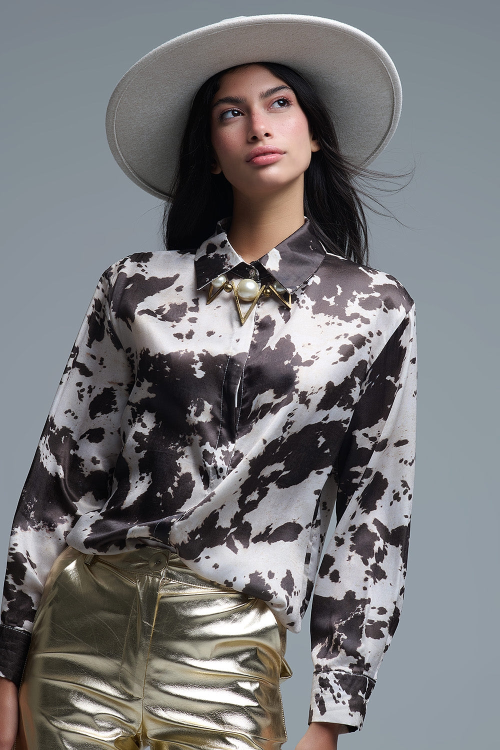 Satin Brown and Cream Cow Print Relaxed Shirt