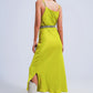 Satin cami strap midi slip dress in green