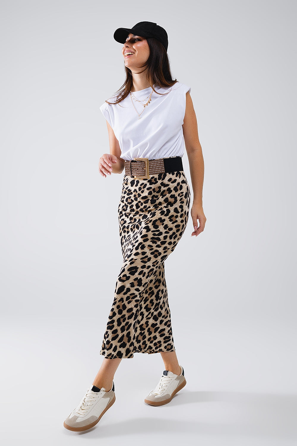 Q2 Satin-Finish Contrast Midi Dress in Leopard Print