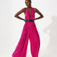 Q2 Satin halter neck pleated maxi jumpsuit in fuchsia