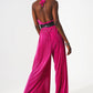 Satin halter neck pleated maxi jumpsuit in fuchsia