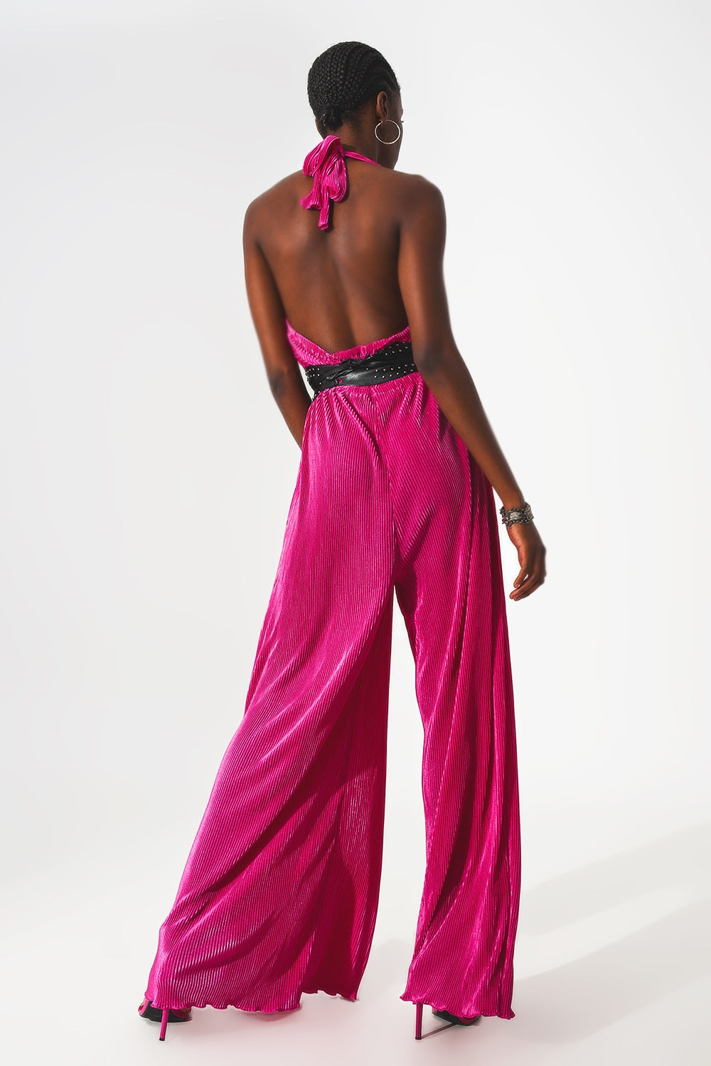 Satin halter neck pleated maxi jumpsuit in fuchsia