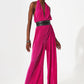 Satin halter neck pleated maxi jumpsuit in fuchsia