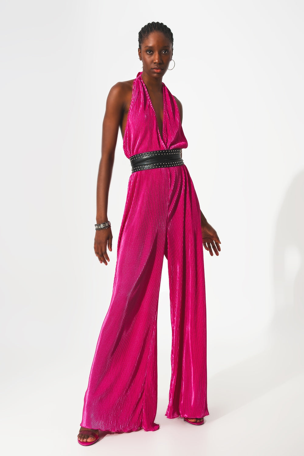 Satin halter neck pleated maxi jumpsuit in fuchsia