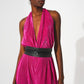 Satin halter neck pleated maxi jumpsuit in fuchsia