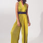 Q2 Satin Halter Neck pleated maxi jumpsuit in Green