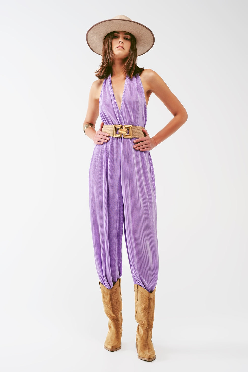 Satin Halter Neck Pleated Maxi Jumpsuit in lilac