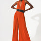 Q2 Satin halter neck pleated maxi jumpsuit in orange