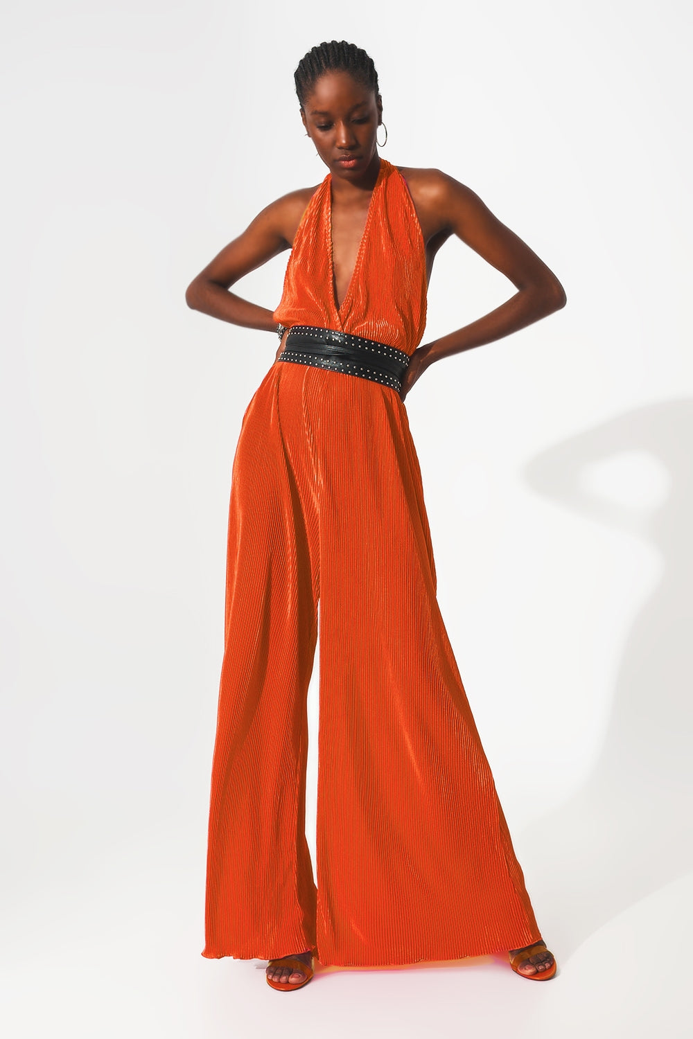 Q2 Satin halter neck pleated maxi jumpsuit in orange