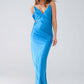 Q2 Satin Maxi Dress With Spaghetti Straps in Blue