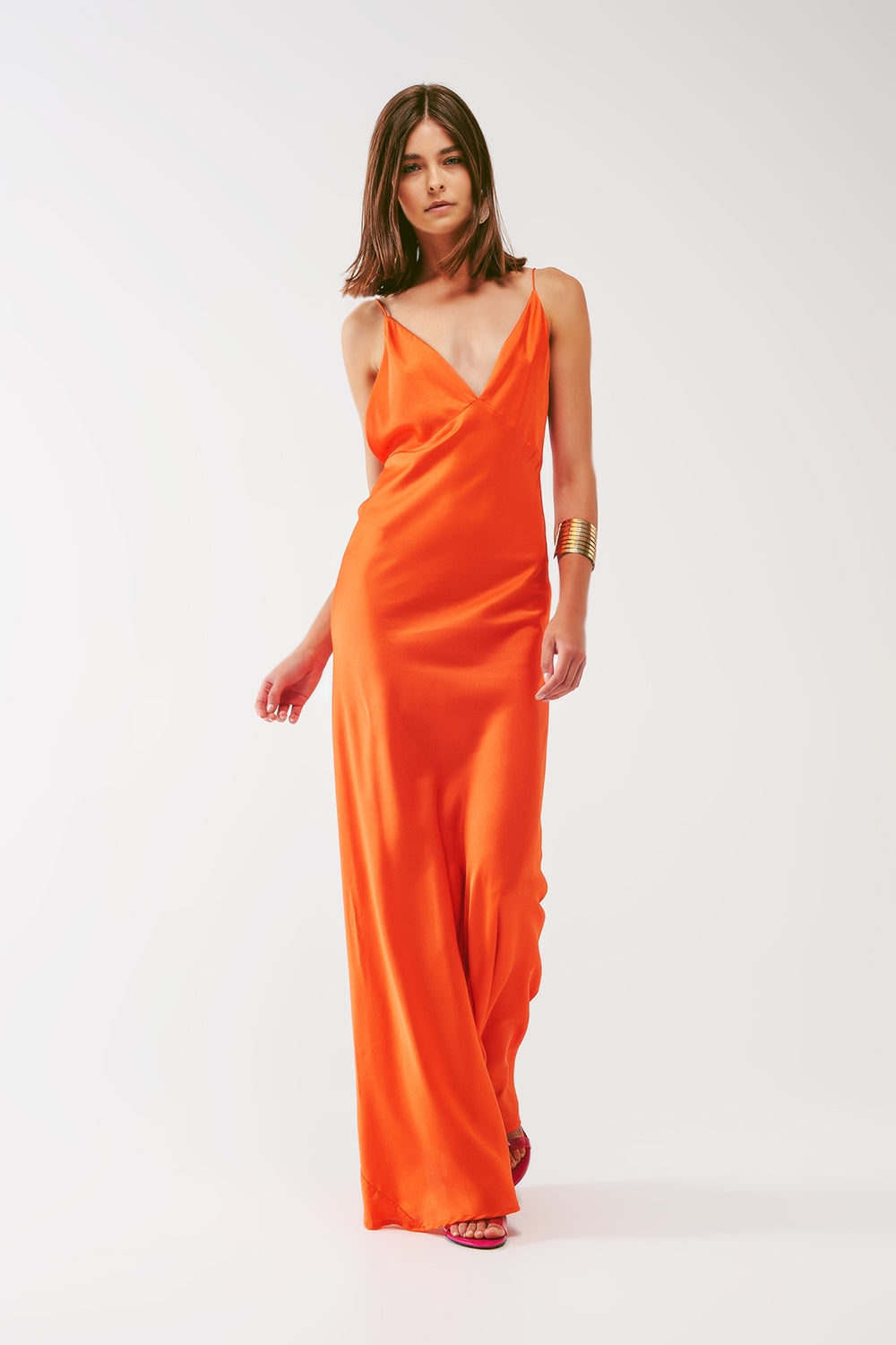 Q2 Satin Maxi Dress with Spaghetti Straps in Orange