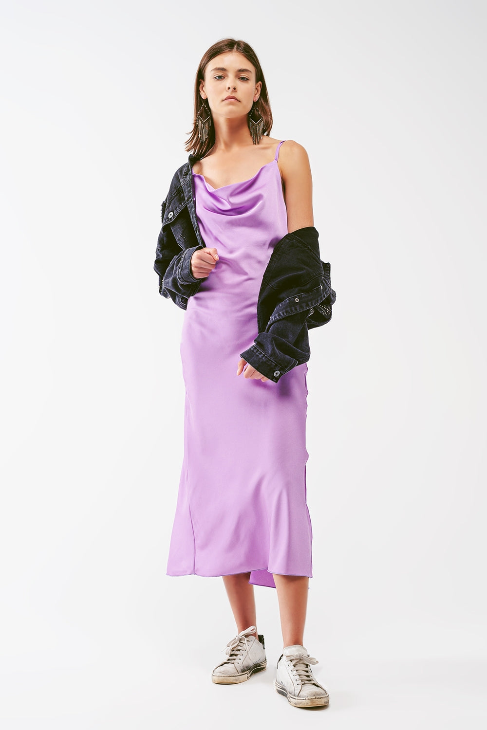 Satin Midi Dress With Cowl Neck in lilac