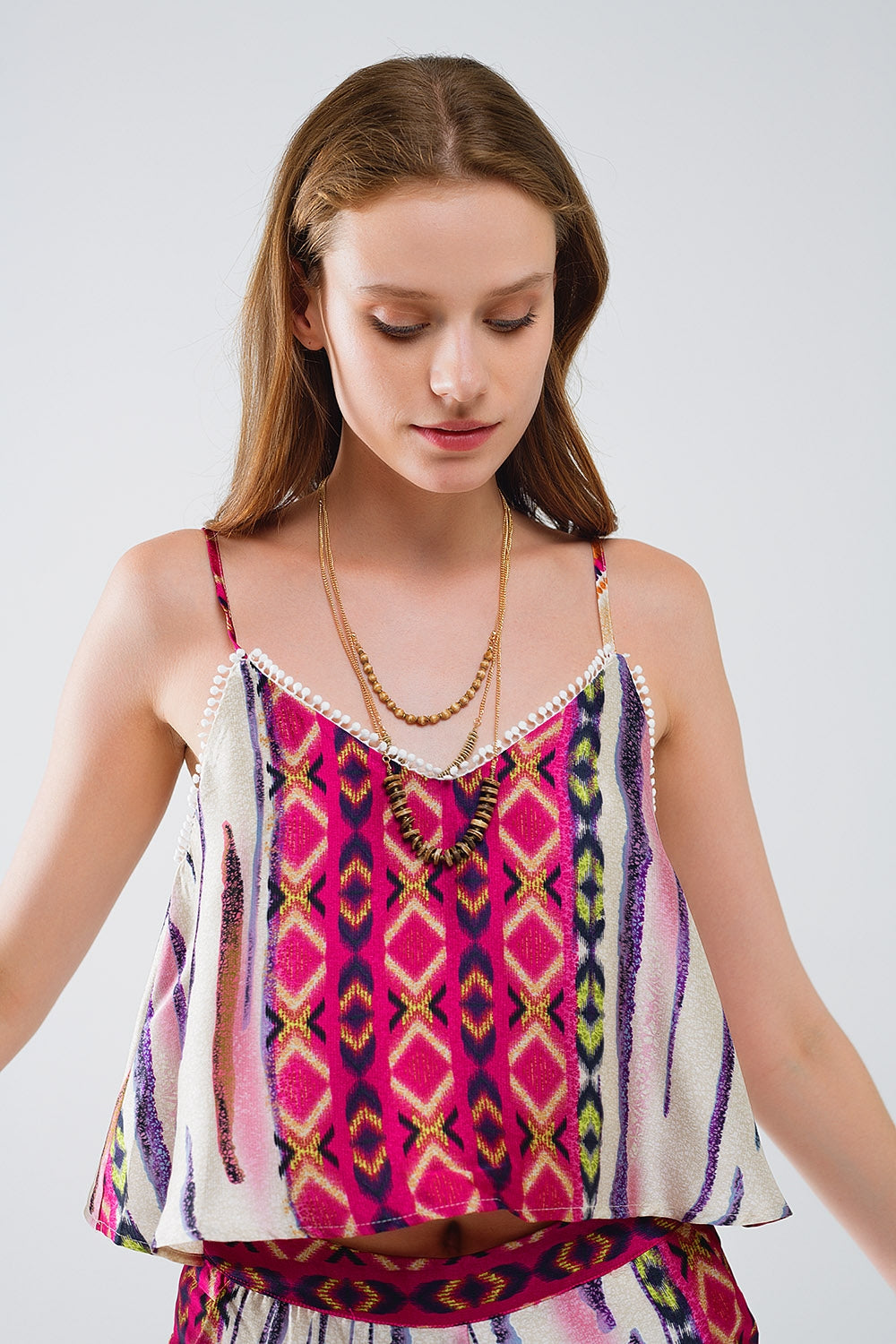 Satin Multicolored Sleeveless Top With Abstract Print