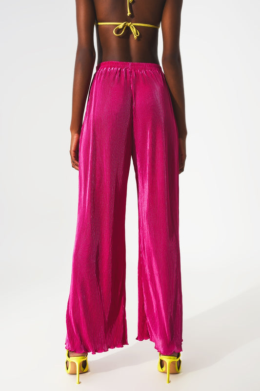 Satin pleated wide leg pants in fuchsia