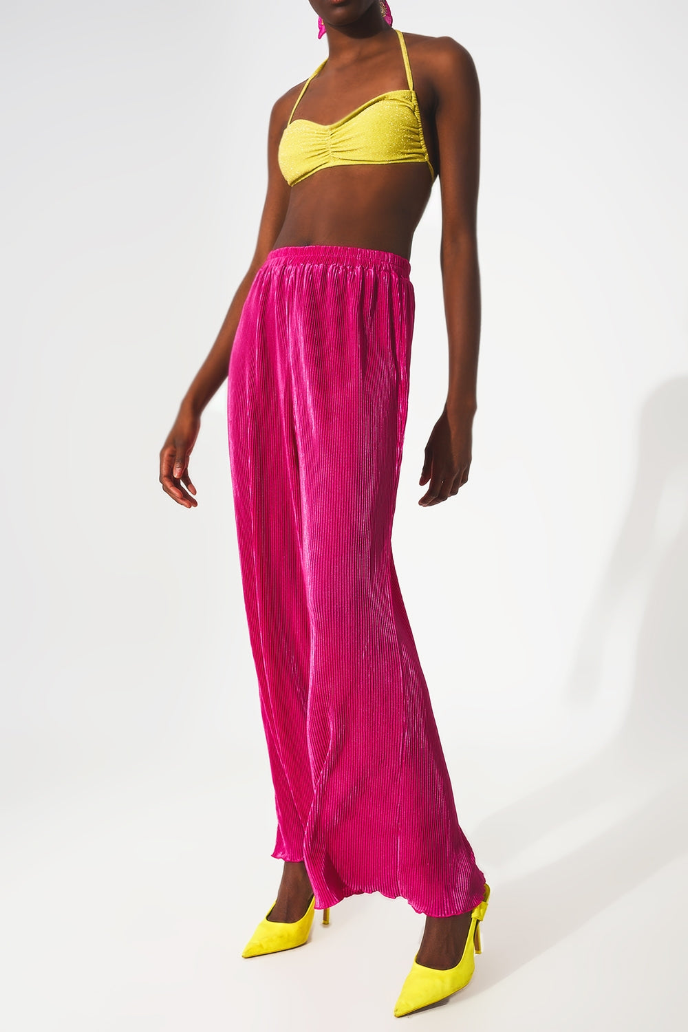 Satin pleated wide leg pants in fuchsia