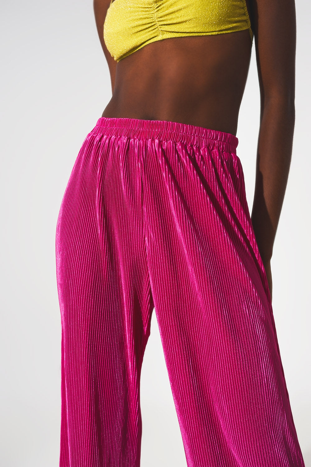 Satin pleated wide leg pants in fuchsia