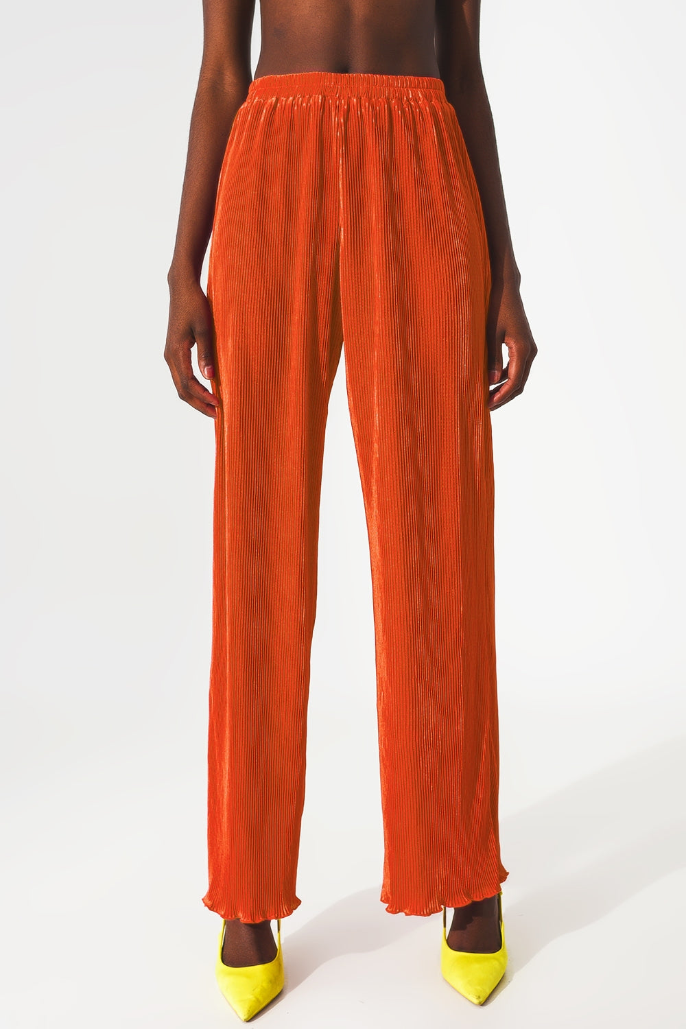 Satin pleated wide leg pants in orange