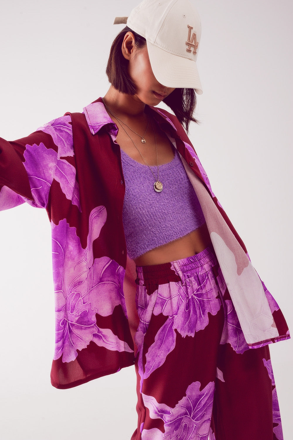 Satin shirt in fuchsia with large floral print