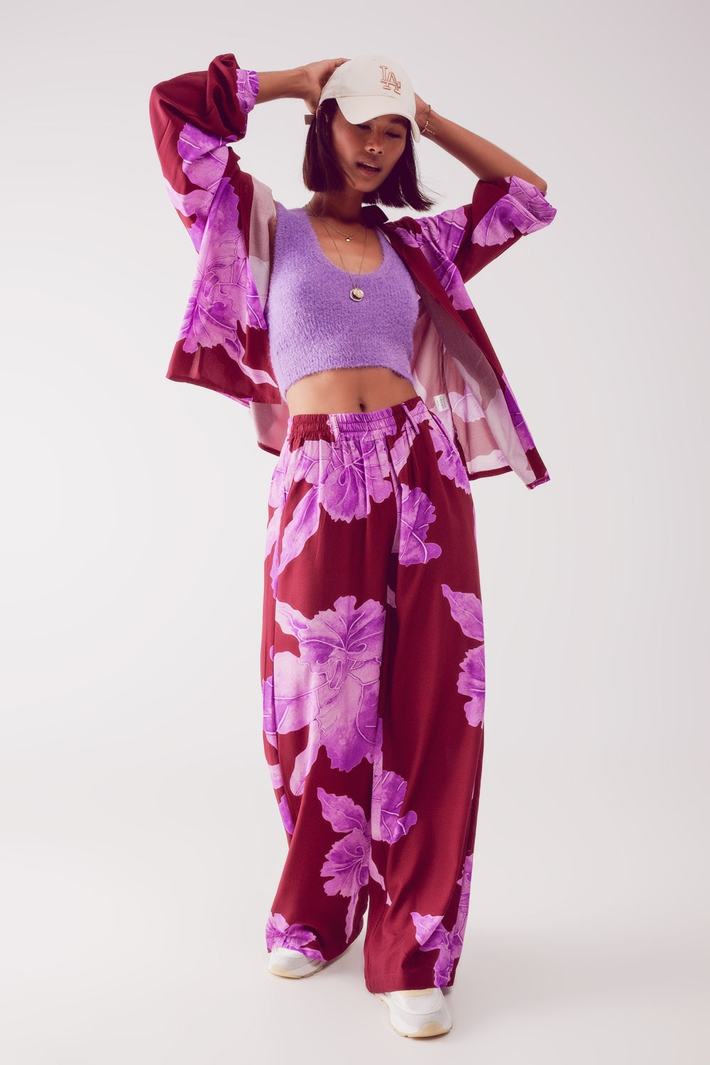 Satin shirt in fuchsia with large floral print