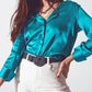 Q2 Satin shirt with split cuff in turquoise