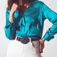 Satin shirt with split cuff in turquoise