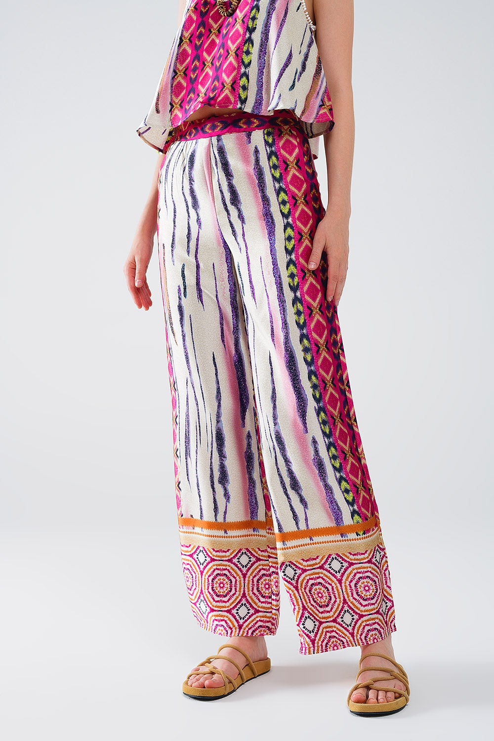 Satin Wide Leg Pants With Abstract Print In Multicolor