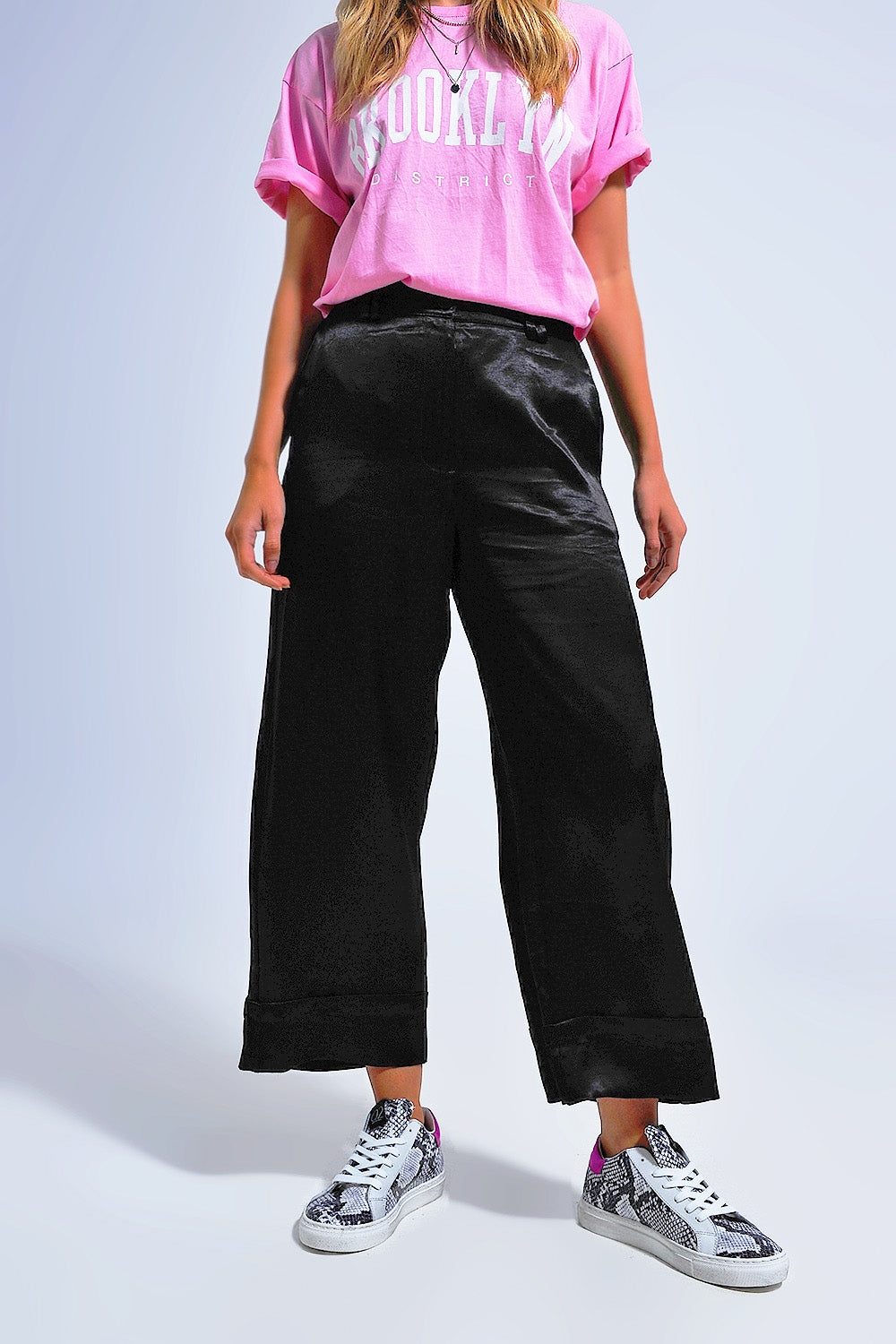 Q2 Satin wide leg suit Pants in black