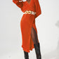 Q2 Satin wrap deatil pleated dress in orange