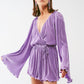 Satin Wrap Deatil Pleated romper in lilac