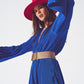 Q2 Satin Wrap Deatil Pleated Short Jumpsuit in Blue