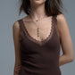 Scoop Neck Lace knitted Trim Tank Top in Chocolate Brown