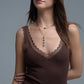 Scoop Neck Lace knitted Trim Tank Top in Chocolate Brown
