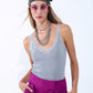 Q2 Scoop Neck Lace knitted Trim Tank Top in Grey