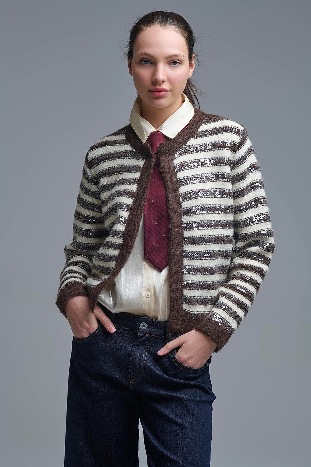 Q2 Sequin Detail Stripe Cardigan in Brown and Cream