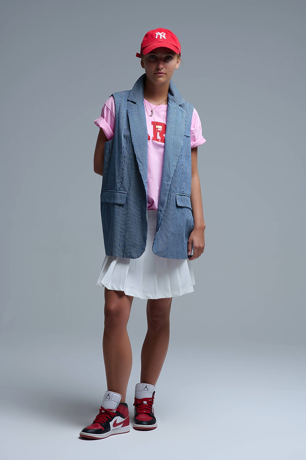 Shawl Collar Long Striped Vest in Blue and White