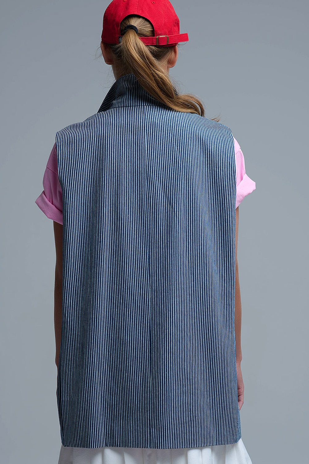 Shawl Collar Long Striped Vest in Blue and White