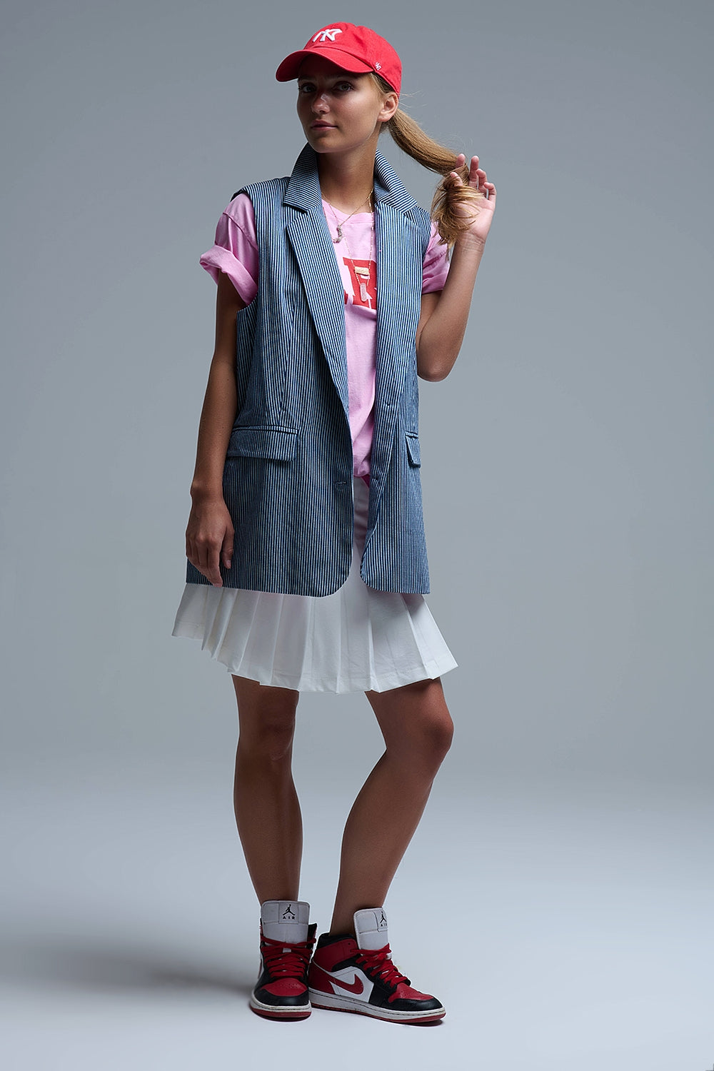 Shawl Collar Long Striped Vest in Blue and White