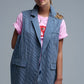 Q2 Shawl Collar Long Striped Vest in Blue and White