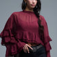 Q2 Sheer Cape-style Burgundy Blouse in chiffon With Ruffles