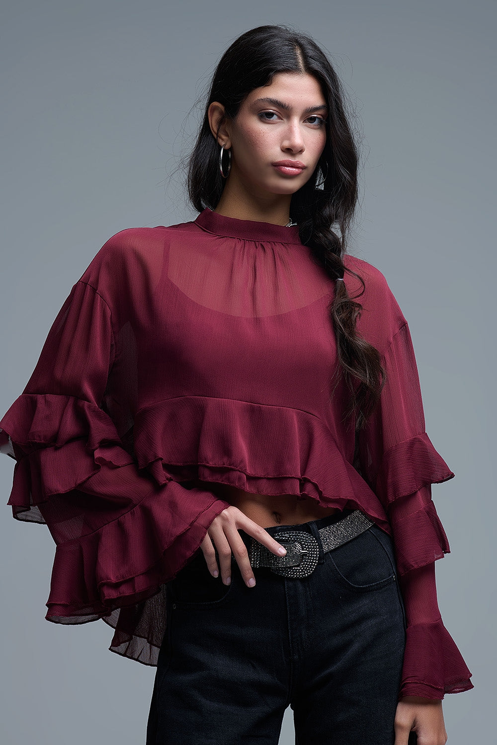 Q2 Sheer Cape-style Burgundy Blouse in chiffon With Ruffles