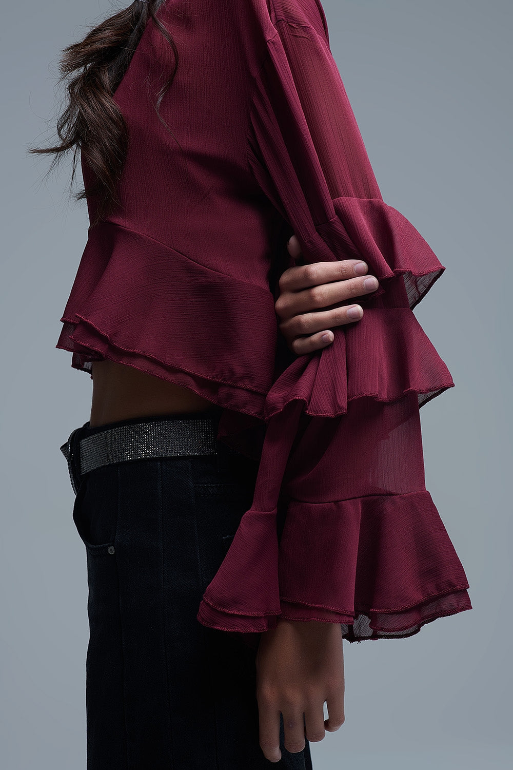 Sheer Cape-style Burgundy Blouse in chiffon With Ruffles
