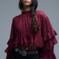 Sheer Cape-style Burgundy Blouse in chiffon With Ruffles